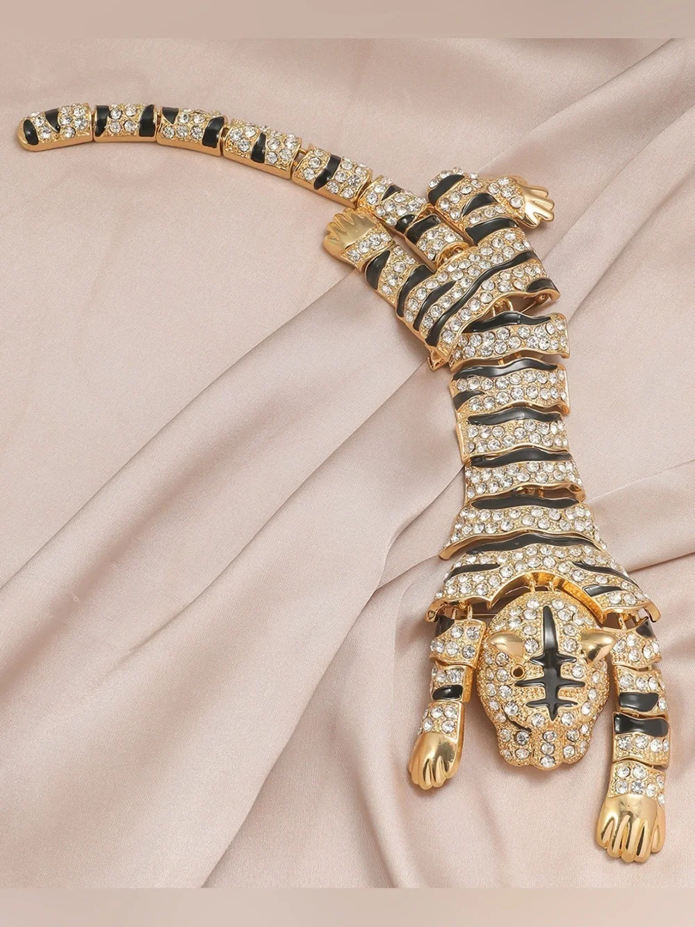 Oversized Crystal Tiger Brooch Pin – Gold Tone Black Enamel Rhinestone